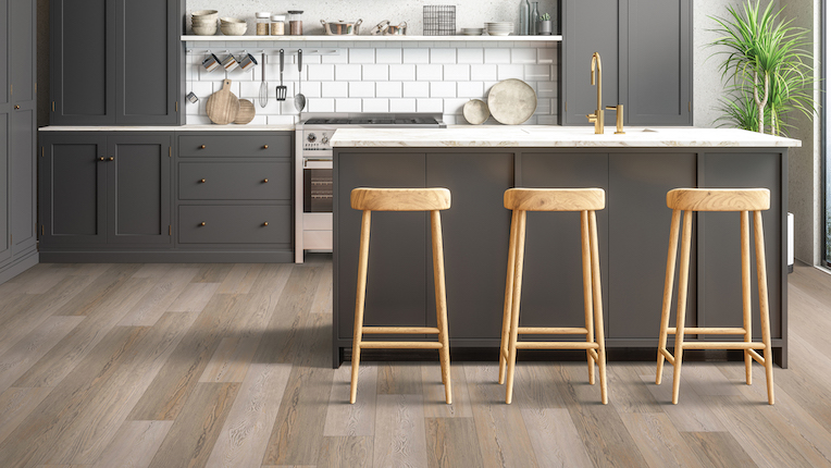 luxury vinyl plank flooring in a modern kitchen with stylish island